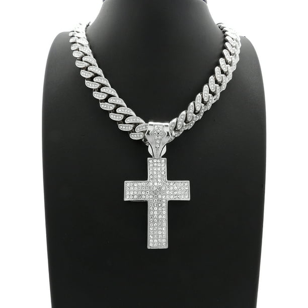 New Women Stylish Long Necklace Black Chain Rhinestone Cross Pendant Black Gold